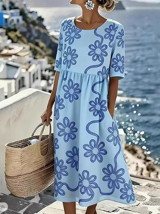 Women Floral Summer Dress
                                        Crew Neck Short Sleeve Fit &
                                        Flare Dress A-Line Dress