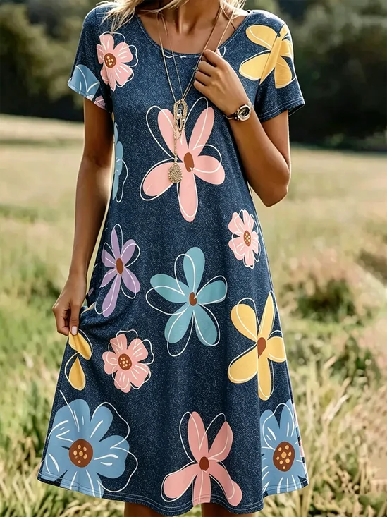 Women Faux Denim Print Graphic
                                    Summer Dress Crew Neck Short Sleeve
                                    Tunic H-Line Dress