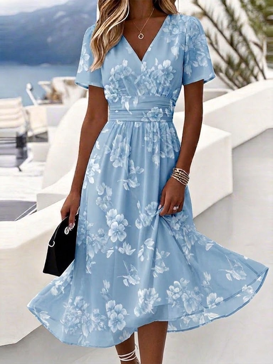 Women Floral Summer Dress V Neck Short Sleeve Beach Dress A-Line Dress