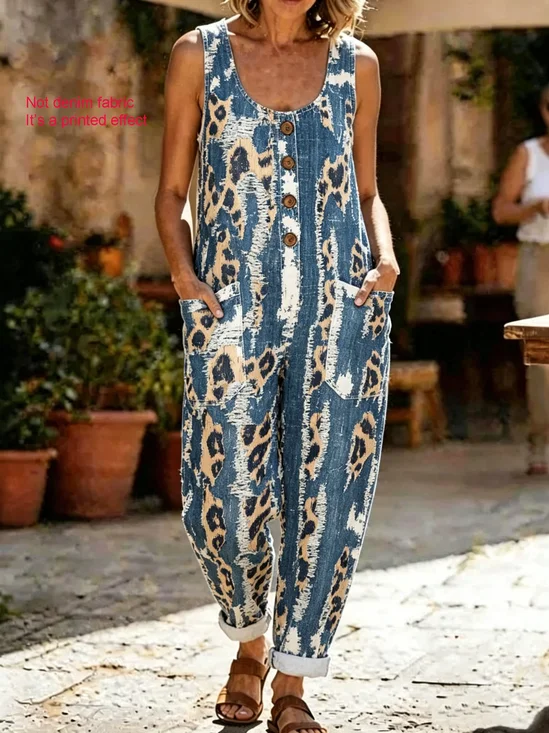 Women Abstract Crew Neck Sleeveless Vintage Summer Cotton And Linen Jumpsuit