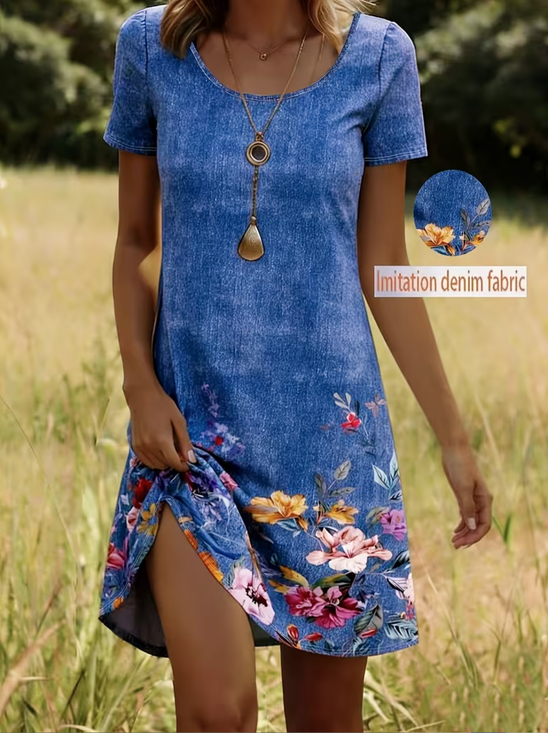 Women Faux Denim Print Graphic Summer Dress Crew Neck Short Sleeve Tunic H-Line Dress