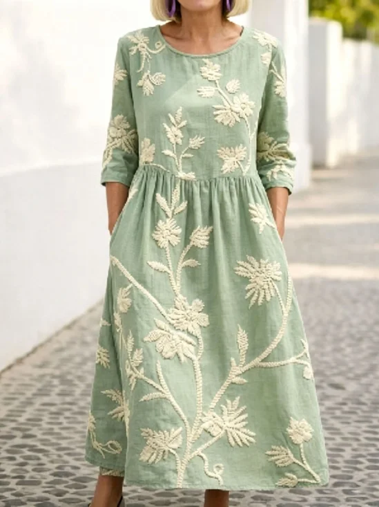 Women Floral Summer Dress Crew Neck Short Sleeve Fit & Flare Dress A-Line Dress