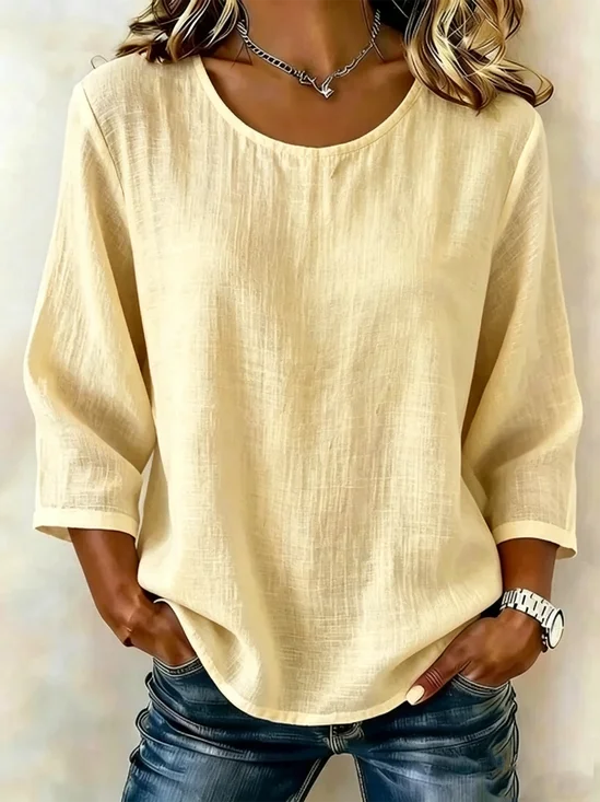 Crew Neck Half Sleeve Plain Lightweight Loose Shirt For Women