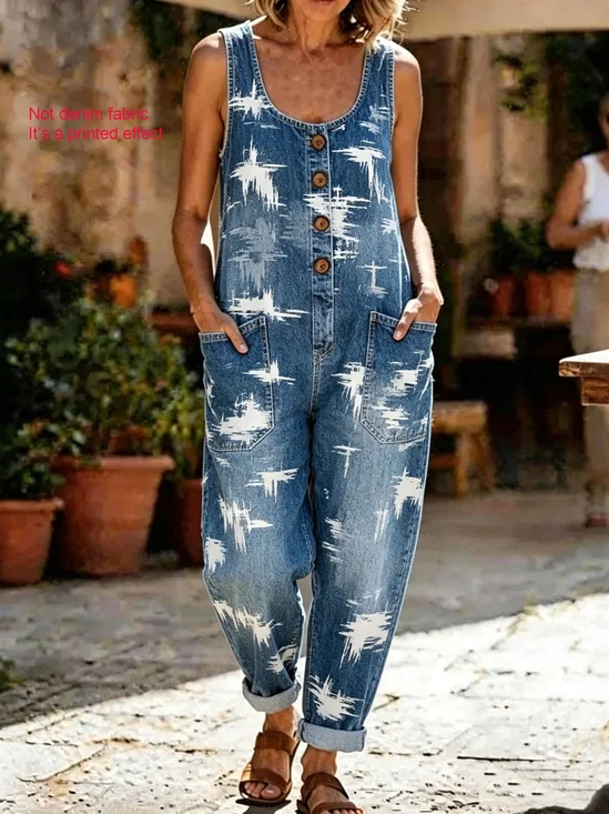 Women Abstract Crew Neck Sleeveless Vintage Summer Cotton And Linen Jumpsuit