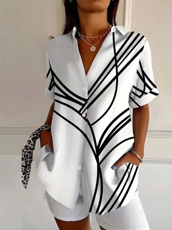 Shirt Collar Short Sleeve Abstract Printing Regular Micro-Elasticity Loose Button Up Shirt Shirt For Women