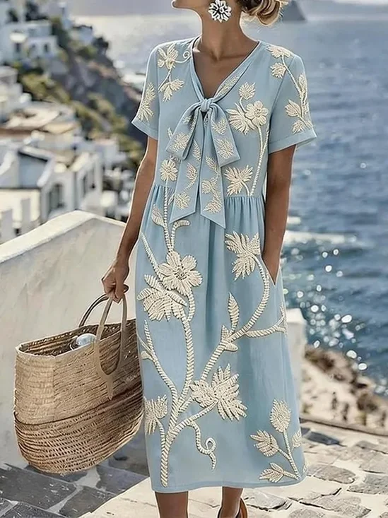 Women Floral Summer Dress V Neck Short Sleeve Fit & Flare Dress A-Line Dress