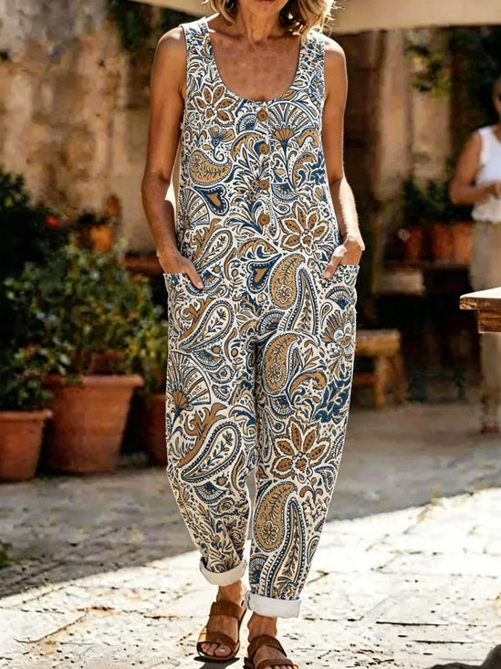 Women Paisley Crew Neck Sleeveless Vintage Summer Cotton And Linen Jumpsuit