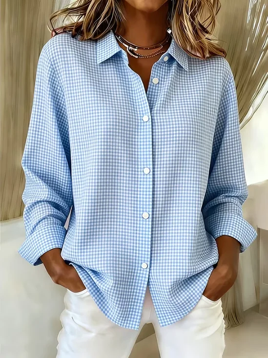 Shirt Collar Regular Sleeve Long Sleeve Plaid Buckle Regular Loose Button Up Shirt Shirt For Women