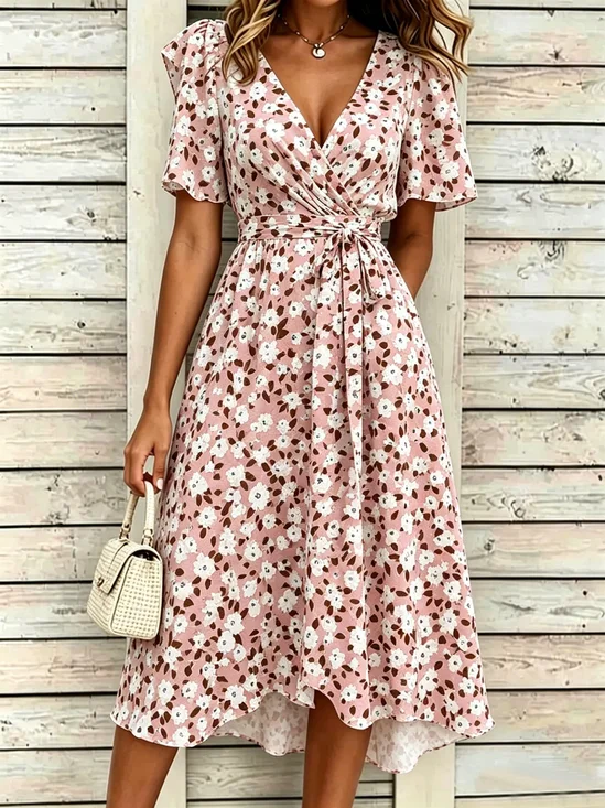 Women Floral Summer Dress V Neck Short Sleeve Fit & Flare Dress A-Line Dress