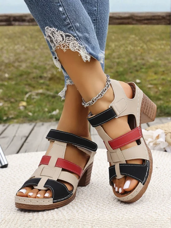 Vintage Color Block Breathable Hook And Loop Flat Heel Slide Sandals Split Joint