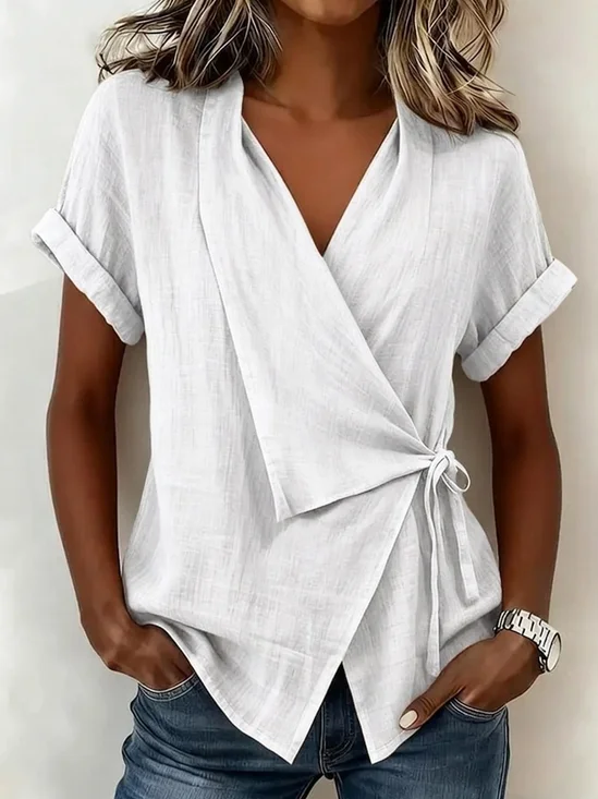 V Neck Short Sleeve Plain Regular Loose Blouse For Women
