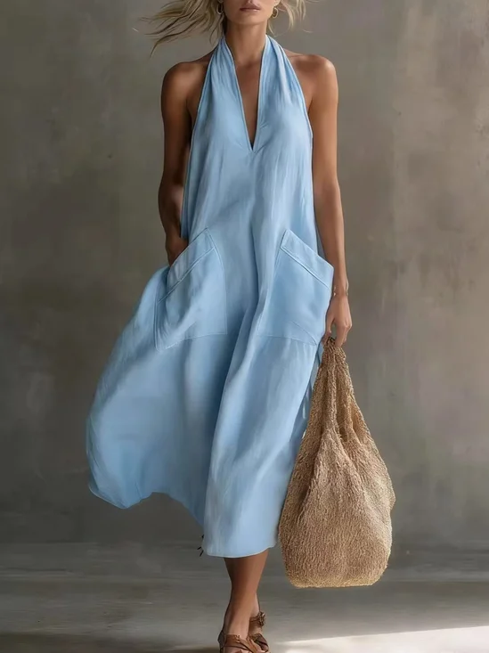 Women Plain Summer Dress V Neck
                                    Sleeveless Tank A-Line Dress