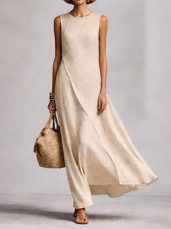Women Plain Summer Dress Crew
                                    Neck Sleeveless Tank A-Line Dress
