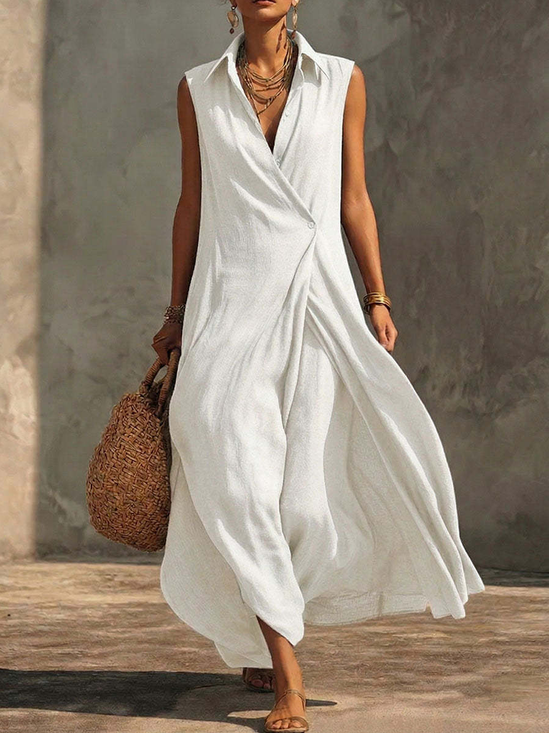Women Plain Summer Dress V Neck
                                    Sleeveless A-Line Dress