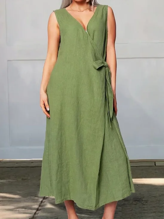 Women Plain Summer Dress Cross Neck Sleeveless Tank A-Line Dress