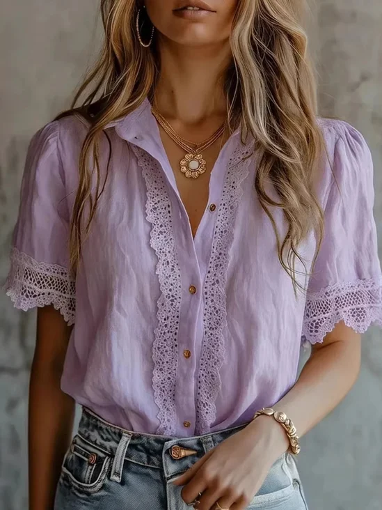 Shirt Collar Short Sleeve Plain Regular Loose Shirt For Women