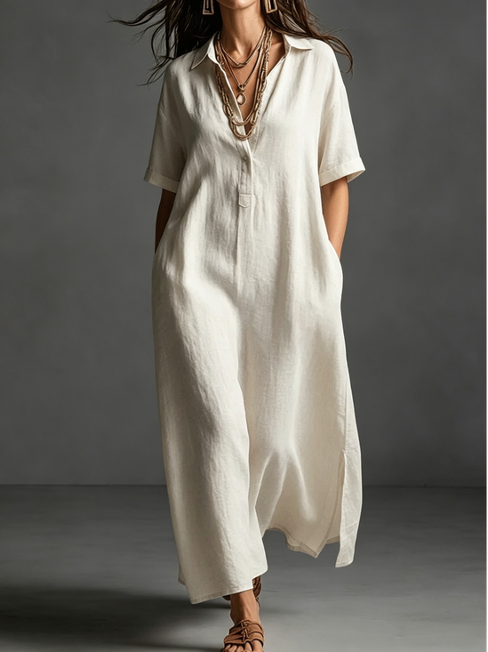 Women Plain Summer Dress Shirt Collar Short Sleeve T-Shirt Dress A-Line Dress