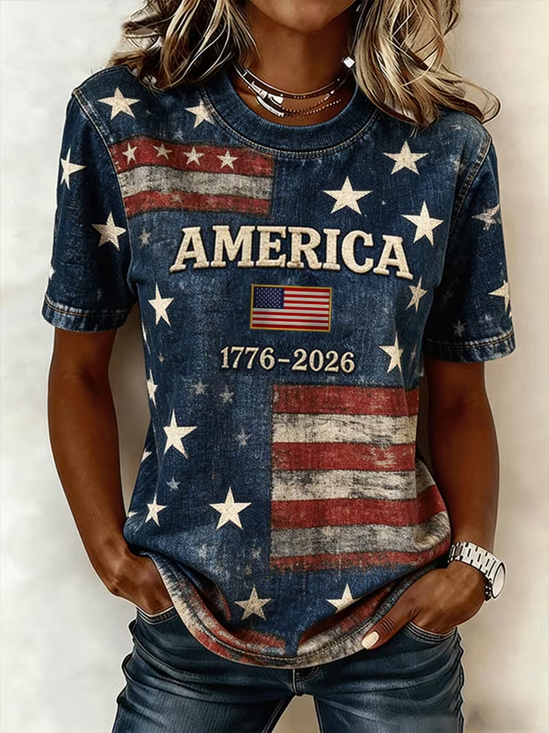 Casual Independence Day (Flag) Crew Neck Short Sleeve T-shirt