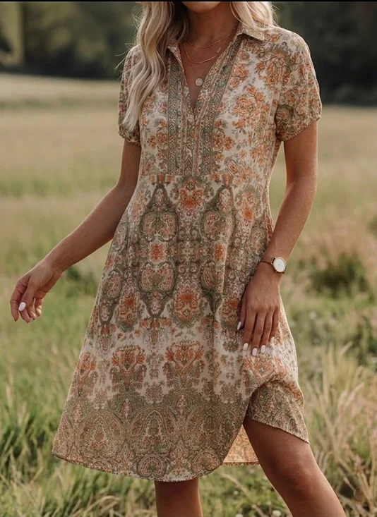 Women Floral All Season
                                        Dress Shirt Collar Short Sleeve
                                        Shirt Dress A-Line Dress