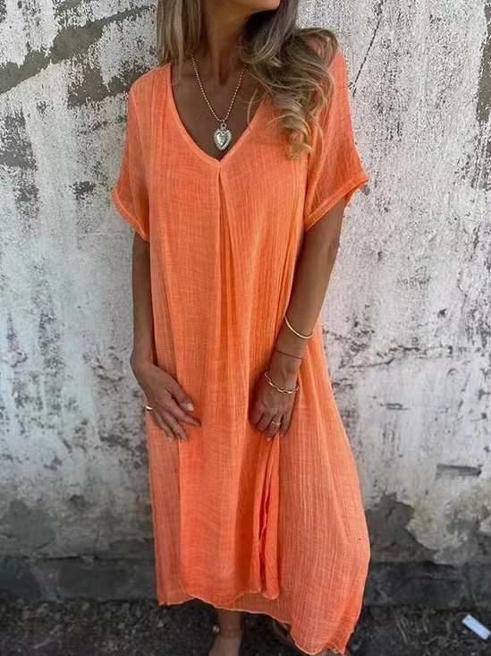 Women Plain Summer Dress V Neck Short Sleeve T-Shirt Dress H-Line Dress