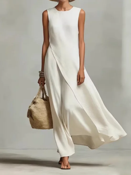 Women Plain Summer Dress Crew Neck Sleeveless Tank A-Line Dress