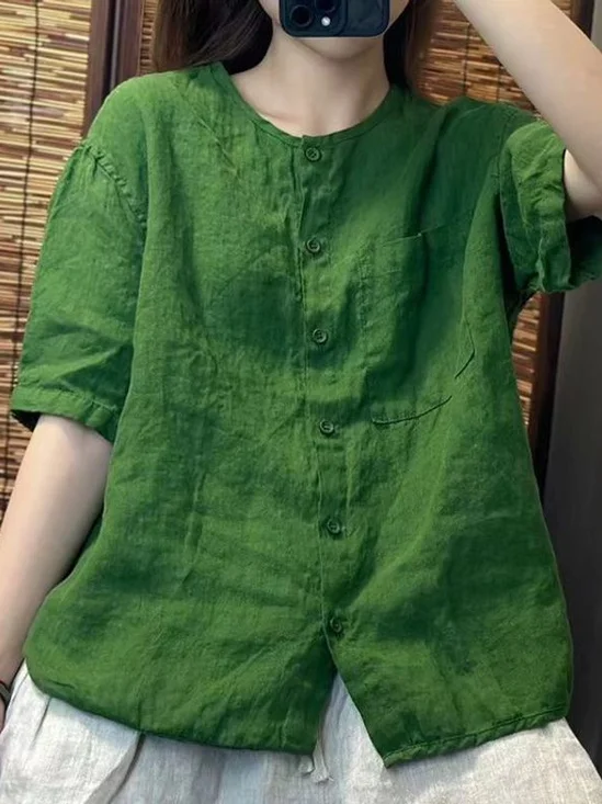 Shirt Collar Short Sleeve Plain Regular Loose Shirt For Women