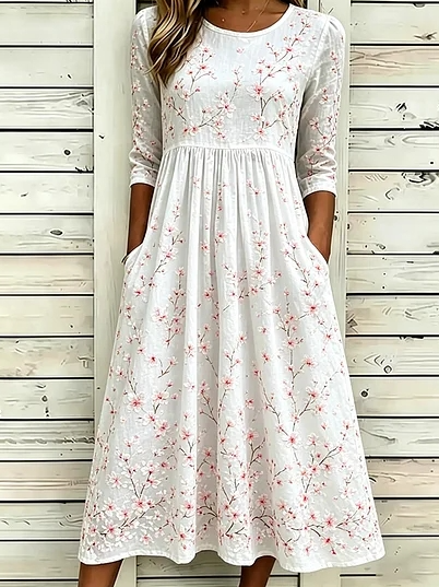 Women Floral Summer Dress Crew Neck Half Sleeve A-Line Dress