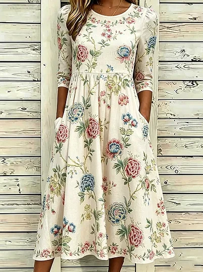 Women Floral Summer Dress Crew
                                    Neck Half Sleeve A-Line Dress
