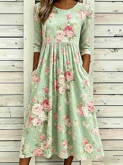 Women Floral Summer Dress Crew
                                    Neck Half Sleeve A-Line Dress