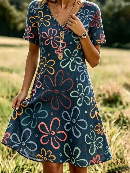 Women Floral Summer Dress V
                                    Neck Short Sleeve Fit & Flare
                                    Dress A-Line Dress