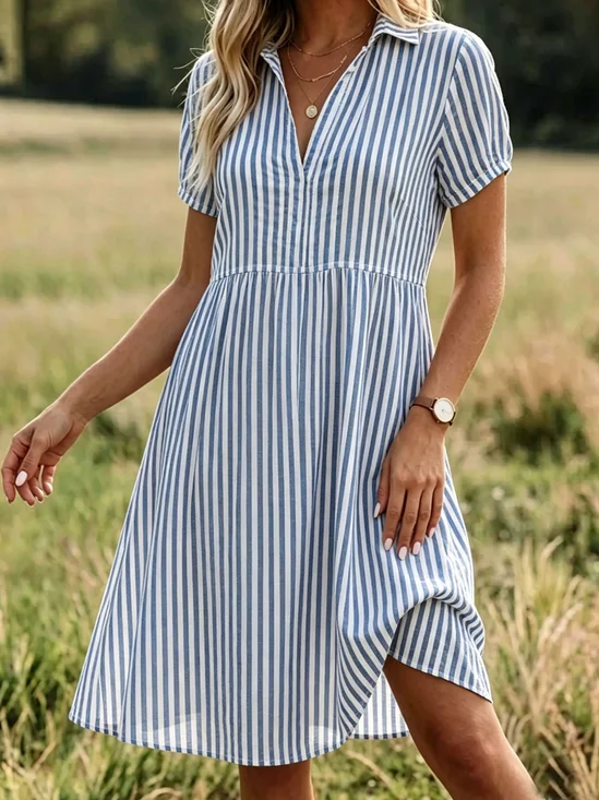 Women Striped Summer Dress V
                                    Neck Short Sleeve Shirt Dress A-Line
                                    Dress