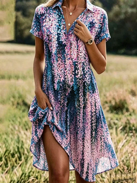Women Floral Summer Dress Shirt
                                    Collar Short Sleeve A-Line Dress