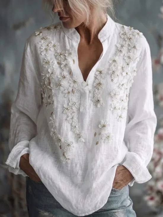 V Neck Long Sleeve Floral Regular Loose Blouse For Women