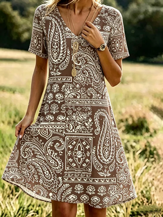 Women Paisley Summer Dress V
                                    Neck Short Sleeve Fit & Flare
                                    Dress A-Line Dress
