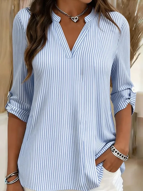 V Neck Long Sleeve Striped Regular Loose Shirt For Women