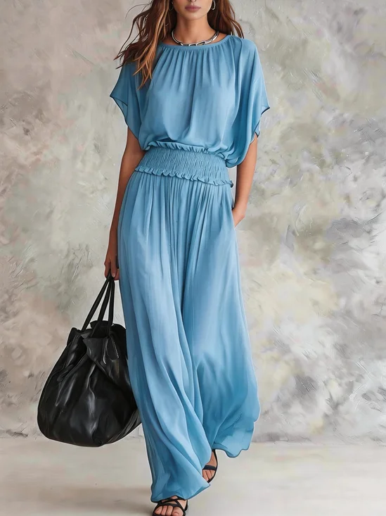 Women Plain Summer Dress Crew Neck Short Sleeve Fit & Flare Dress A-Line Dress