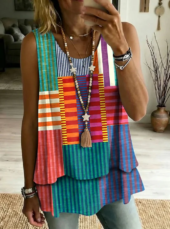 Casual Striped Crew Neck Sleeveless T-shirt