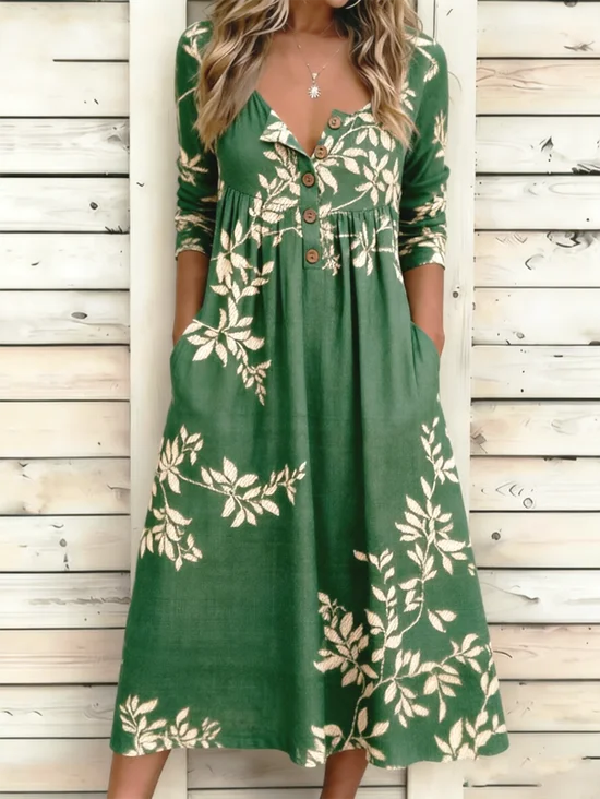 Women Leaf Summer Dress Half Open Collar Half Sleeve A-Line Dress