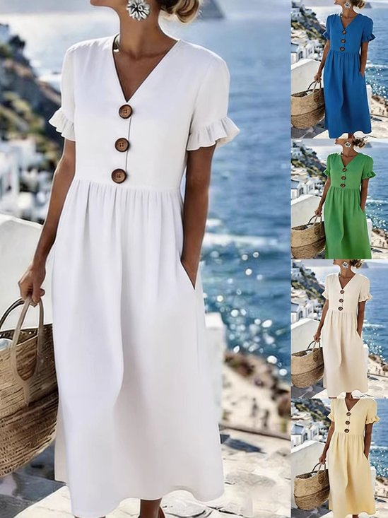 Women Plain Summer Dress V Neck Short Sleeve Fit & Flare Dress A-Line Dress
