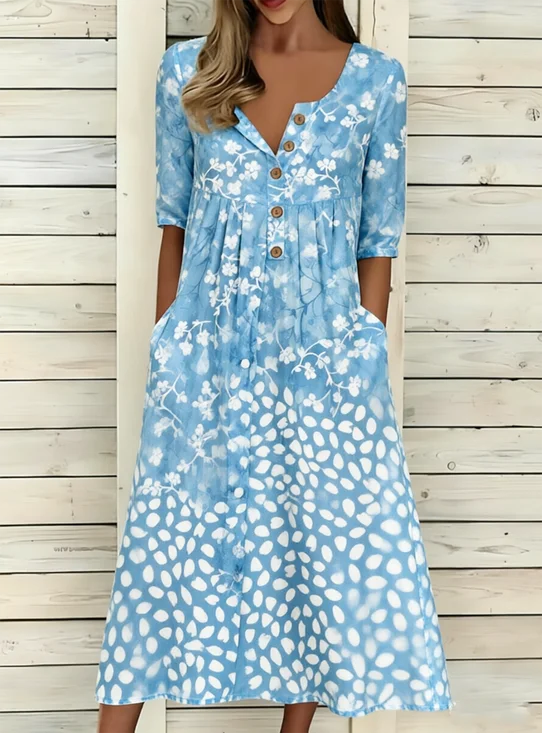 Women Floral Summer Dress Half Open Collar Half Sleeve A-Line Dress