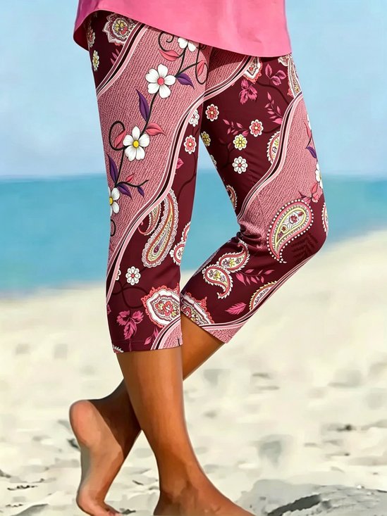 Women Paisley Elastic Waist Vintage Summer Capris Leggings