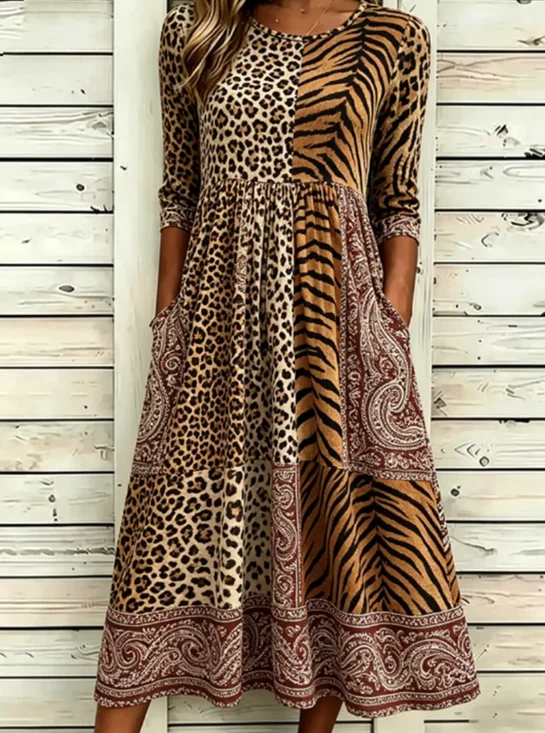 Women Leopard Summer Dress Half
                                    Sleeve A-Line Dress