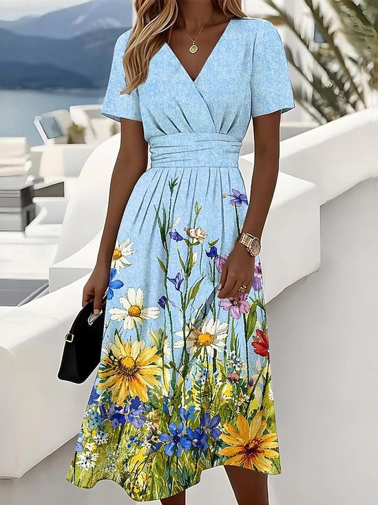 Women Floral Summer Dress V
                                    Neck Short Sleeve Beach Dress A-Line
                                    Dress