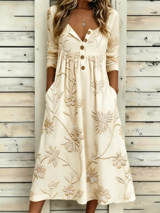 Women Floral Summer Dress Half Open Collar Half Sleeve A-Line Dress