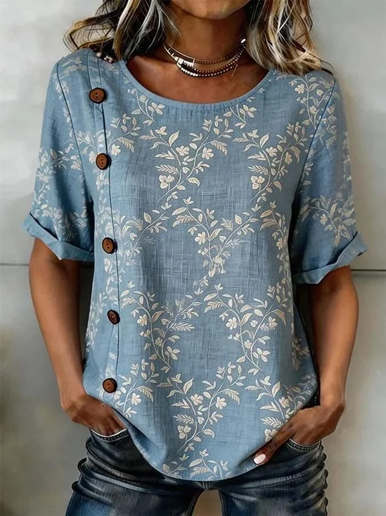 Crew Neck Short Sleeve Floral Lightweight Loose Shirt For Women