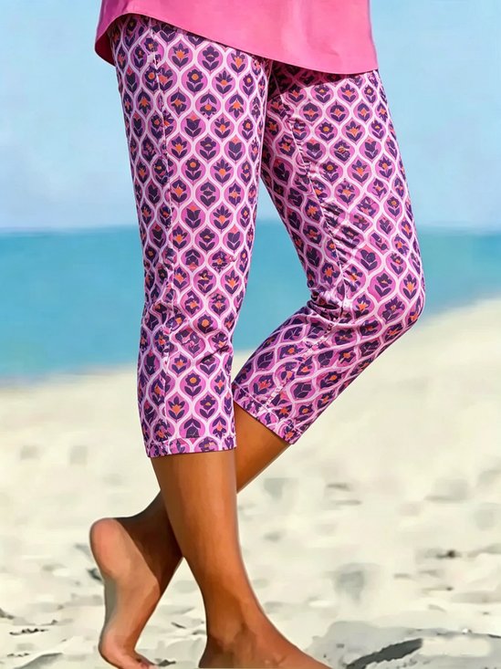 Women Floral Elastic Waist Vintage Summer Capris Leggings