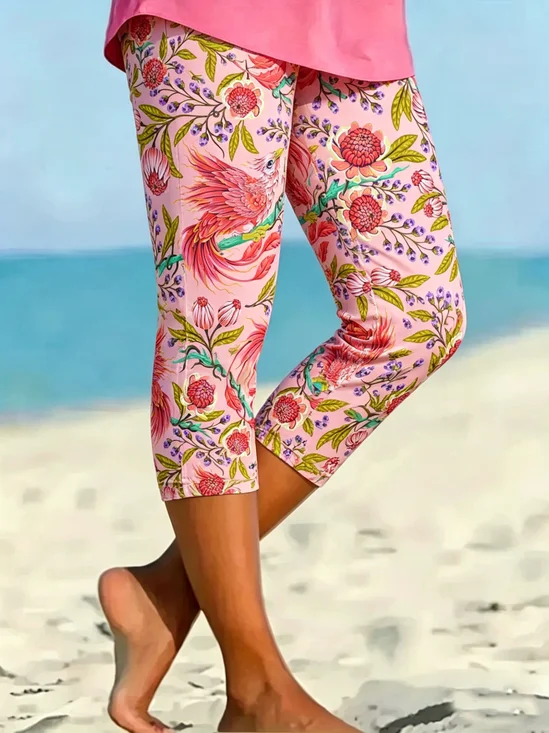 Women Floral Elastic Waist Vintage Summer Capris Leggings