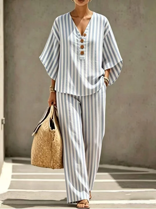 Women Striped Two-Piece Set Daily Short Sleeve Casual Summer Top With Pants Matching Set