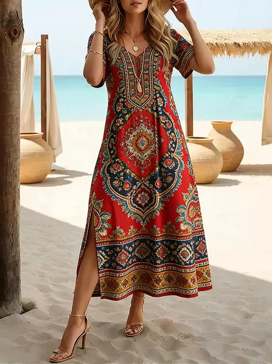 Women Ethnic Summer Printing Dress Crew Neck Short Sleeve T-Shirt Dress H-Line Dress