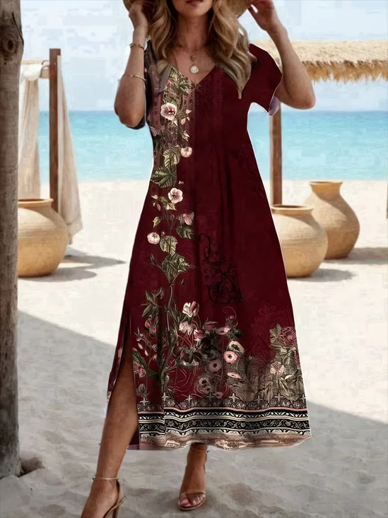Women Floral Summer Printing
                                    Dress Crew Neck Short Sleeve T-Shirt
                                    Dress H-Line Dress